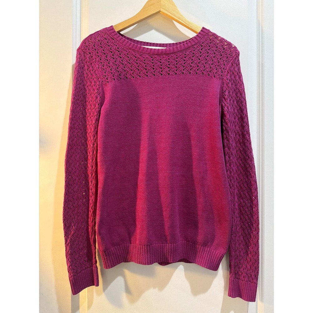 Loft Womens Magenta Purple Open Knit Crochet Yoke Long Sleeve Sweater Size M